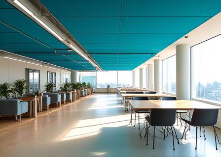 Flexible hot desk area with cyan color theme