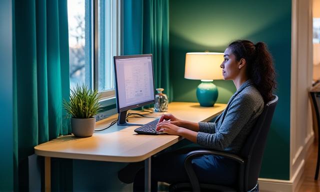 Member working in a vibrant teal-themed private office at [[COMPANY_NAME]]